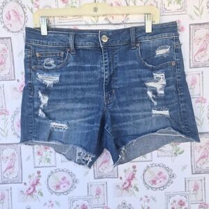 American‎ Eagle Hi-Rise Shortie Distressed Raw Hem Super Stretch Jean Shorts 14
